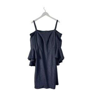 R & M Richards Navy Silver Off The Shoulder Flared Sleeve Dress Plus Size 16W